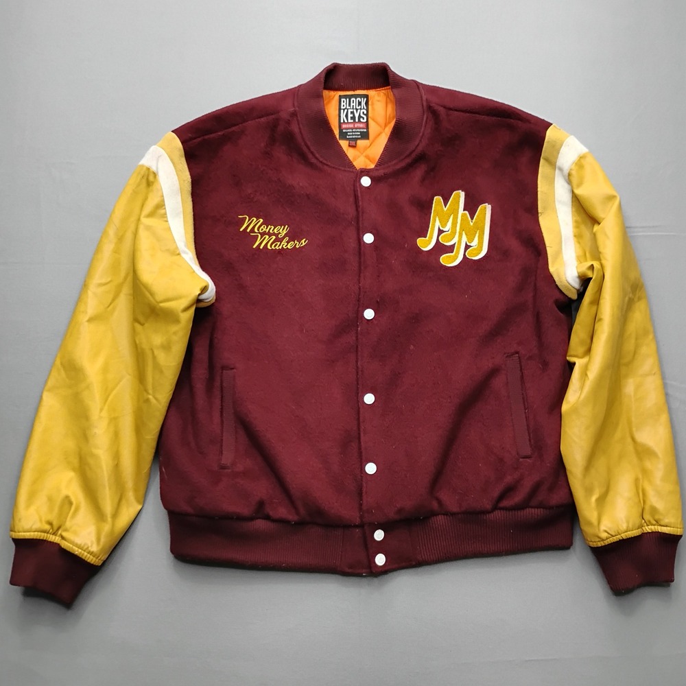 Black Keys Money Makers Varsity Jacket Burgundy Yellow Wool Leather Mens 3XL